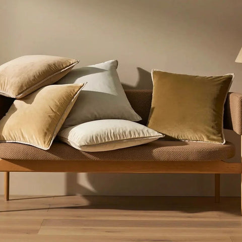 Velvet cushions in varying colours, on a bench-seat in a contemporary home