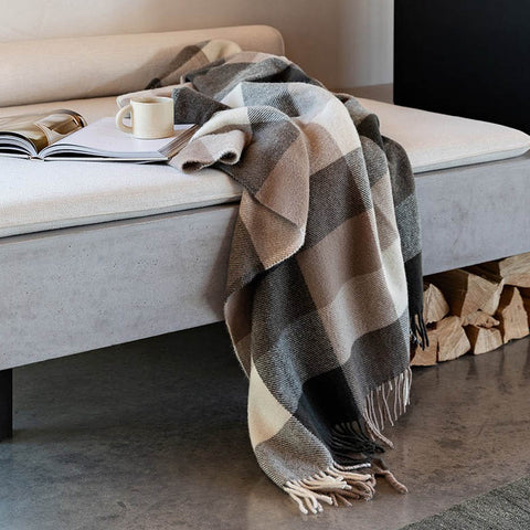 New Zealand made wool throw in a soft, modern plaid