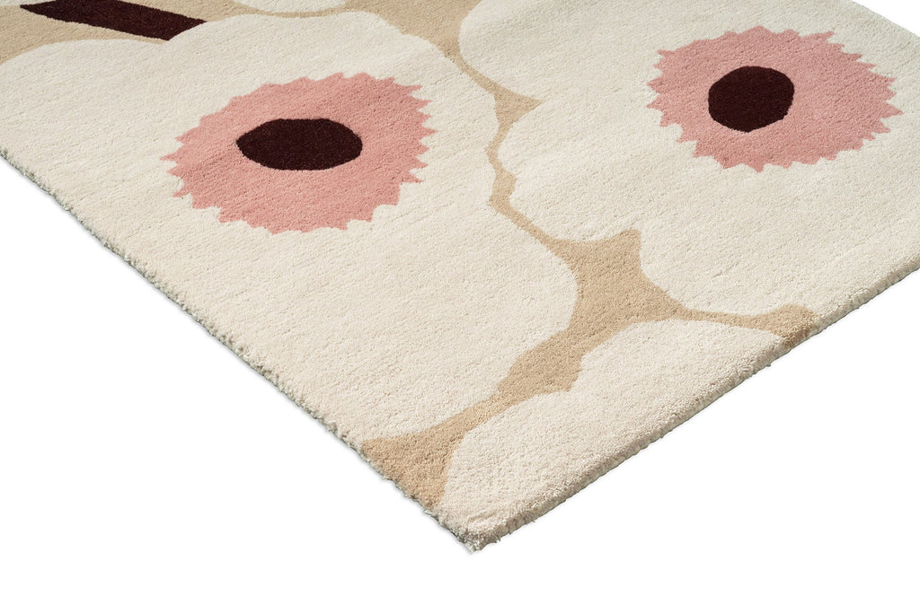 Close up corner shot of the Marimekko hallway runner rug in NZ wool with white, pink and beige