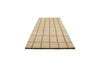 Perspective view of a Marimekko NZ wool beige runner rug with gold grid pattern 