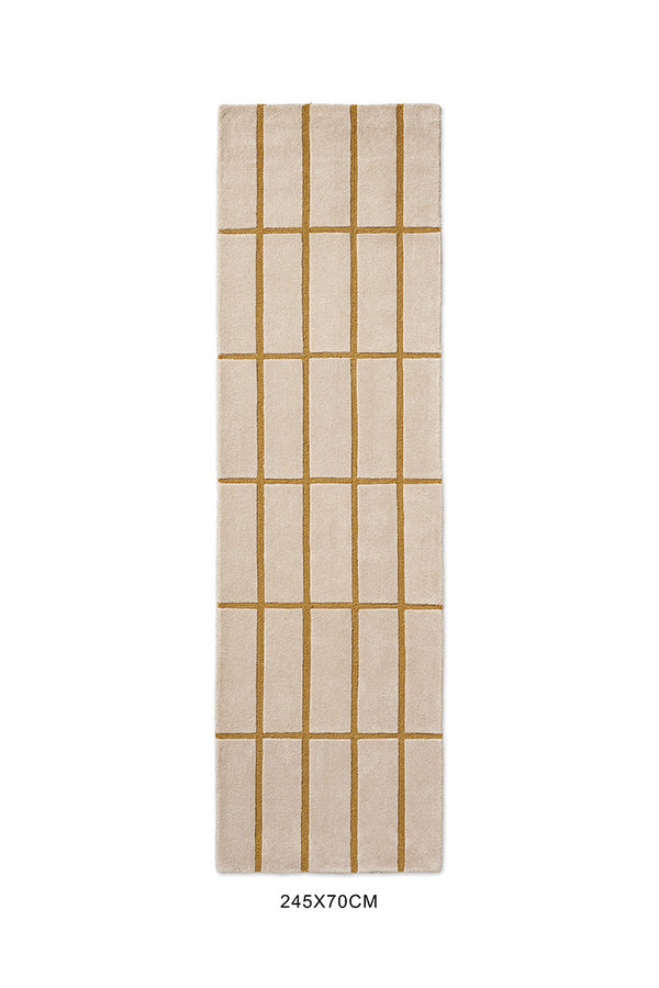 Marimekko NZ wool beige runner rug with gold grid pattern 