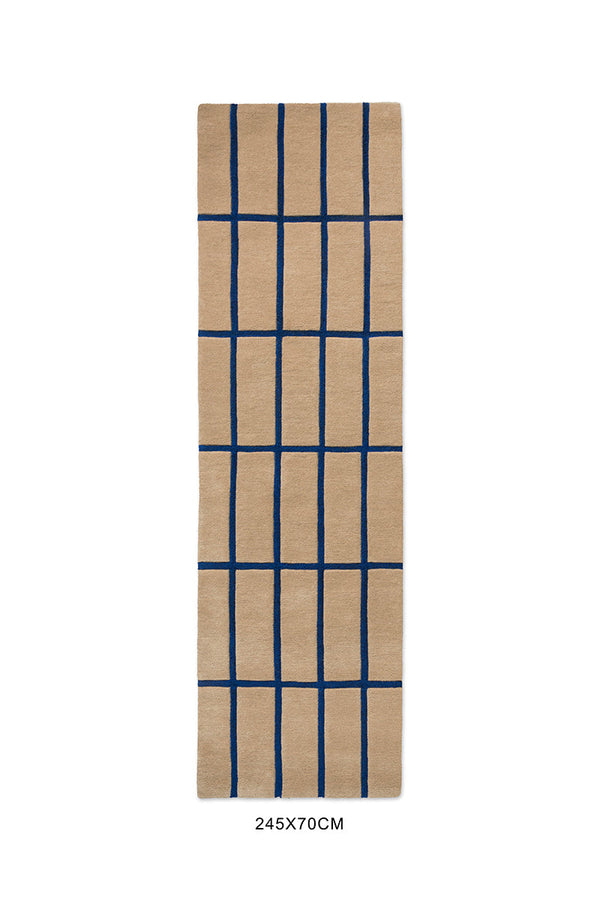 Marimekko NZ wool runner rug with blue grid pattern on a beige  background