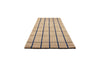 Perspective view of a Marimekko NZ wool runner rug with blue grid pattern on a beige  background