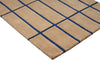  Close up of a Marimekko NZ wool runner rug with blue grid pattern on a beige  background