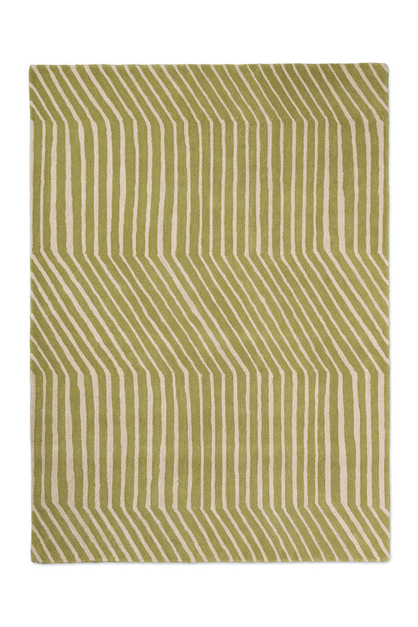 Marimekko green and white geometric striped rug on a white background