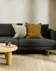 Two Baya flaxmill linen cushions on a contrast black couch