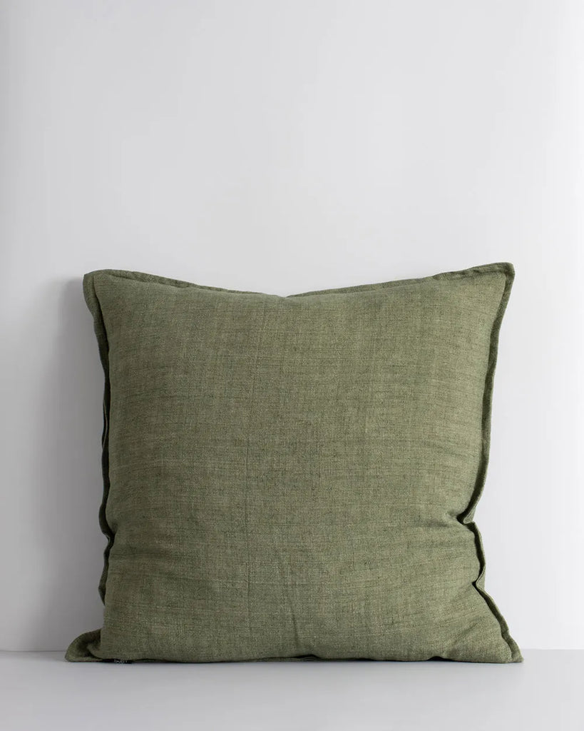 Baya linen cushion, with flange detail , in colour moss