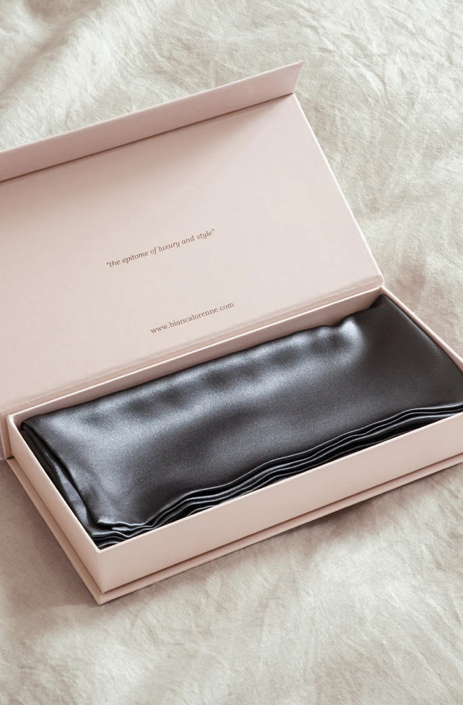 Silk pillowcase in colour slate grey, by Bianca Lorenne, shown in a luxury gift box