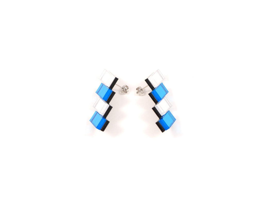 Silver and blue acrylic designer earrings with silver posts