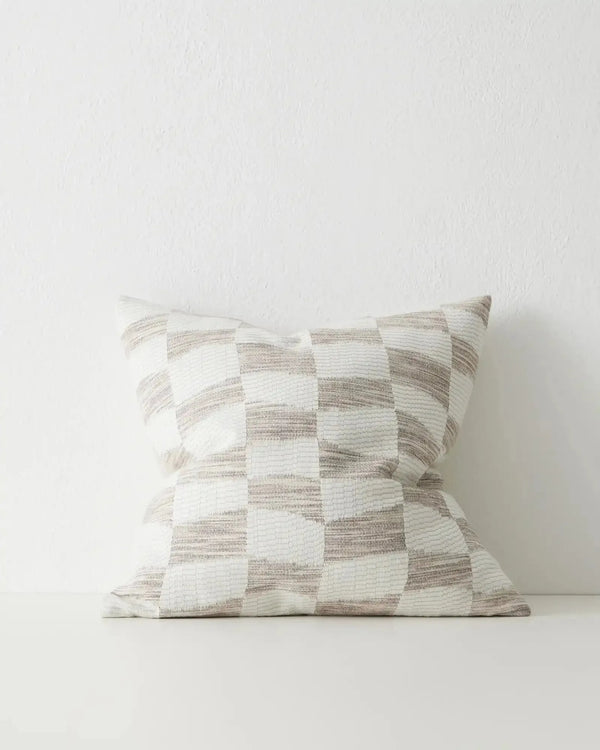 White and beige geometric cushion in a check pattern, by Weave Home nz