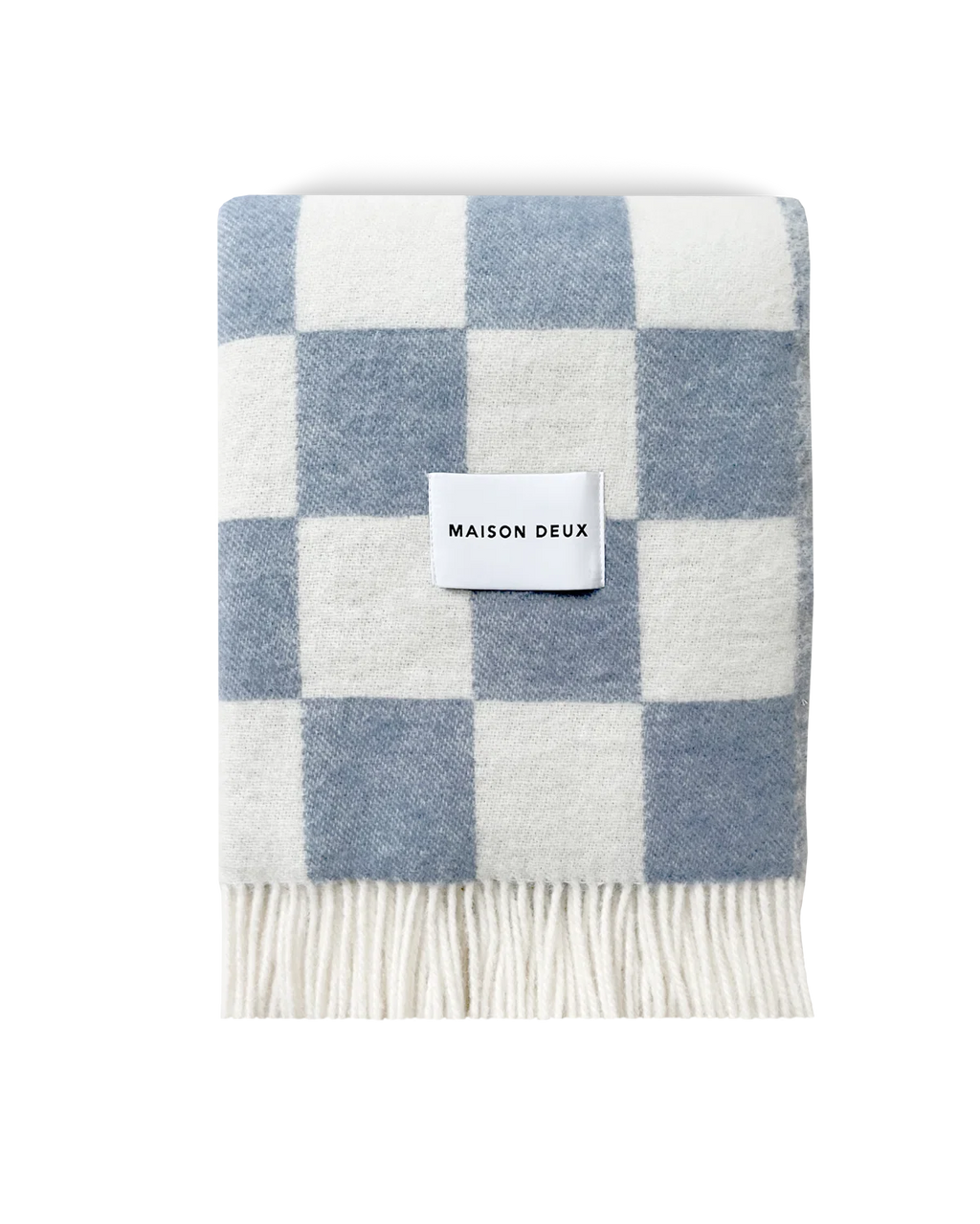 Maison Deux Checkerboard wool throw in Denim White, folded with the Maison Deux label visible.