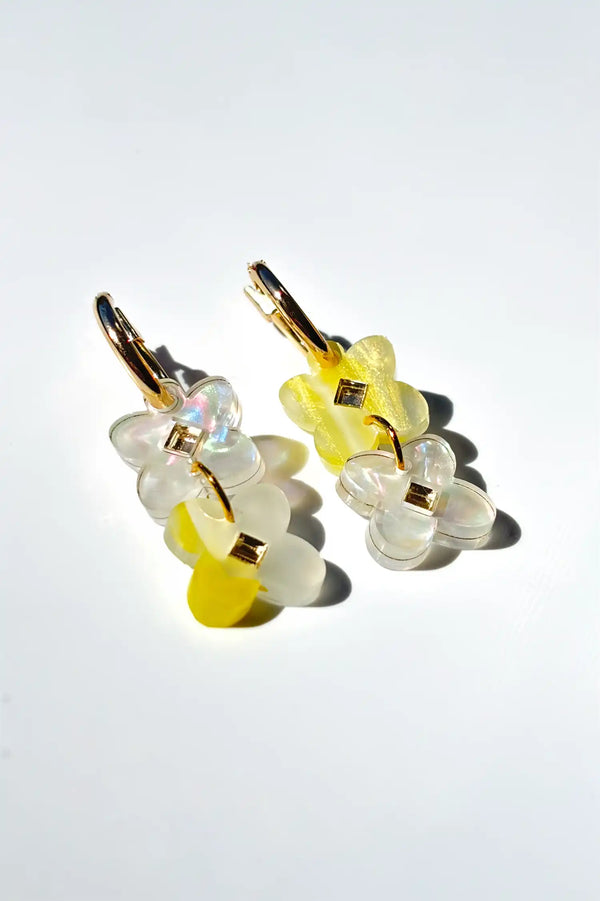 Yellow and clear dangle earrings with a floral pacific vibe, by NZ designer Hagen + Co