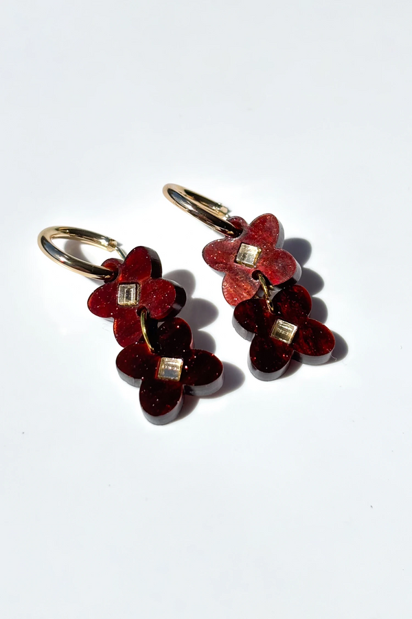Brown acrylic dangle earringswith gold hoops, by NZ designer Hagen + Co