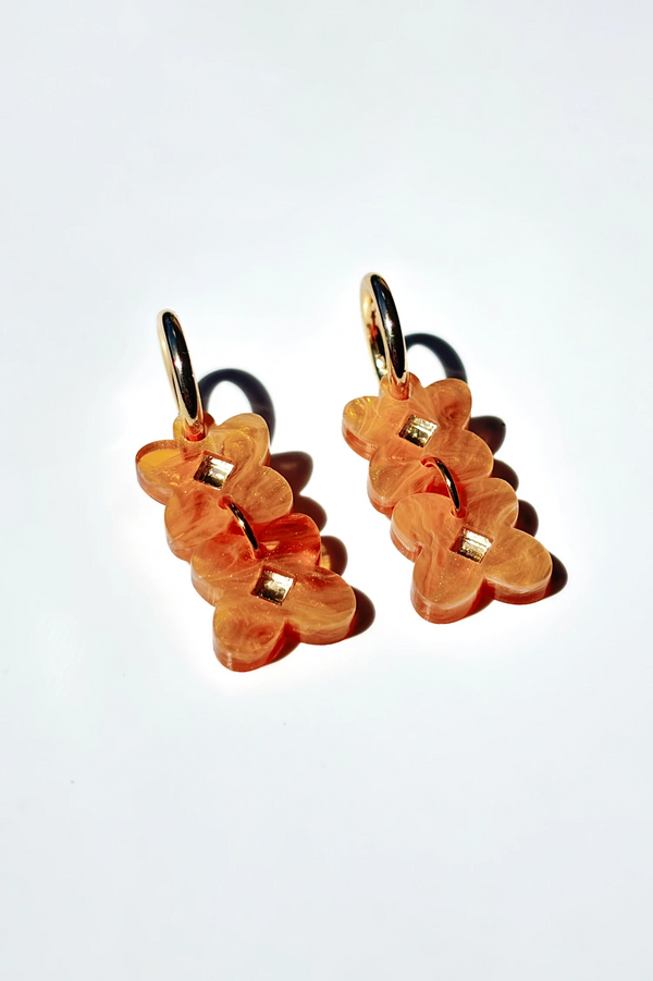 Soft orange dangle earrings with gold hoops, by NZ designer Hagen + Co