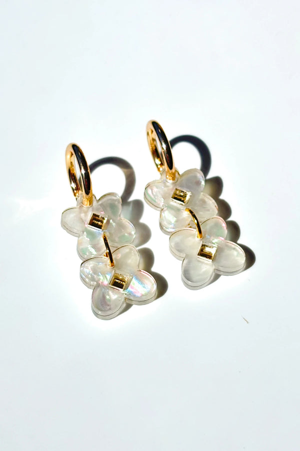Acrylic pearl dangle earrings with gold hoops, by NZ designer Hagen + Co