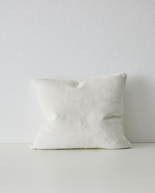 A luxurious clean white chenille cushion with piping - the Tempo Pearl by Weave
