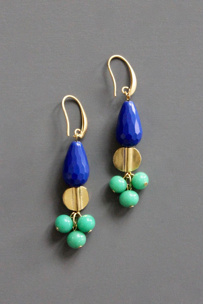 David Aubrey Unique Blue Green Gold and Brass Dangle Earrings