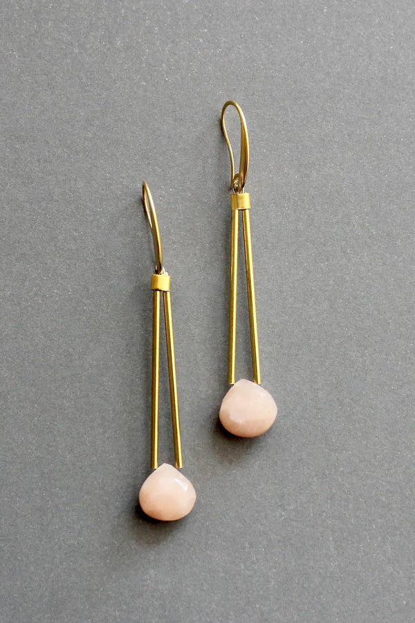 David Aubrey Peachy pink moonstone dangle earrigns with gold plated hooks and brass tubes