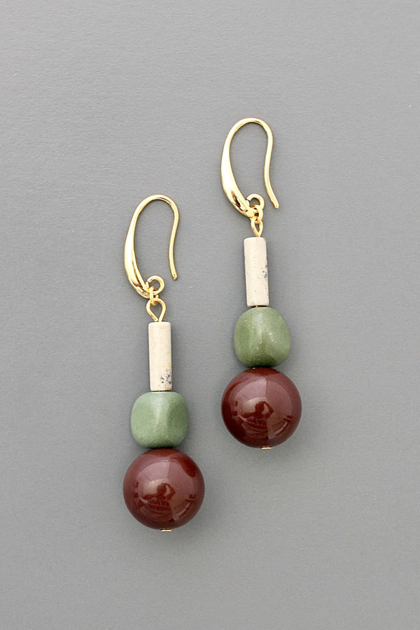 David Aubrey dangle earrings featuring jasper, serpentine and a vintage style bauble with gold hooks