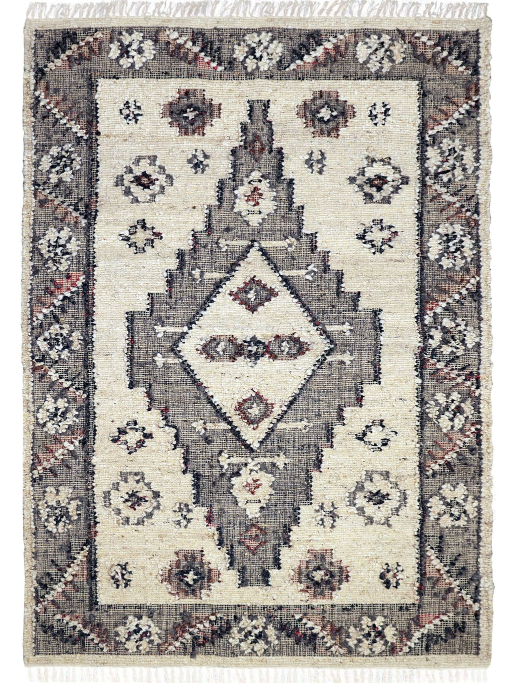 Tribe Home Ellora wool and jute rug, full view of the diamond design on a white background