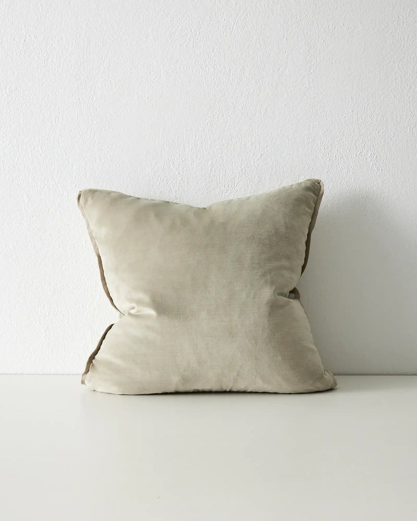 Soft sage green velvet-look cushion by Weave Home, this is called the Francesca and is a great neutral to mix and match