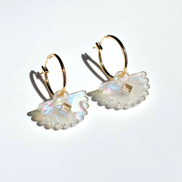 Acrylic Pearl dangle earrings with gold hoops by NZ designer Hagen + Co