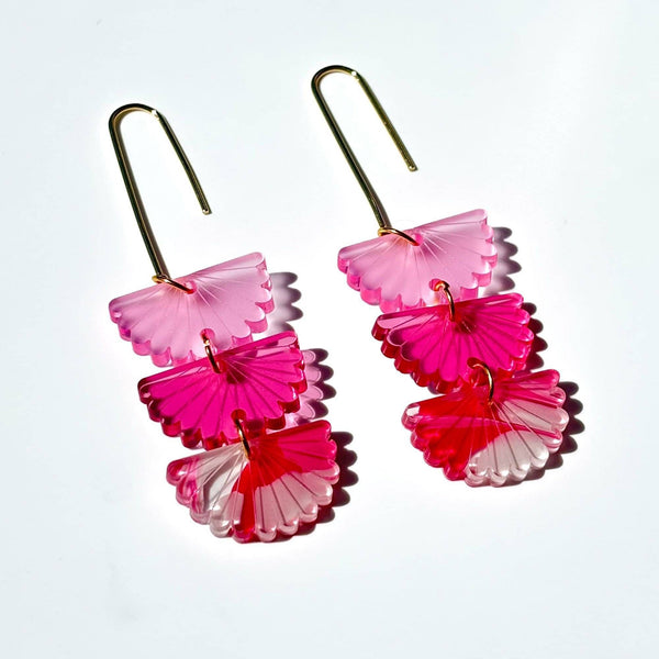Pink acrylic dangle earrings with gold hooks, by Hagen + Co NZ
