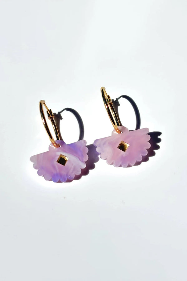 Fantail shaped dangle earrings in a soft lavender purple colour with gold hoops, by Hagen + Co