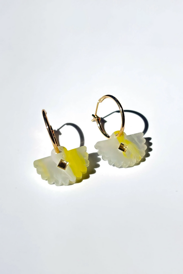 Fantail buttercup earrings with gold hoops, by NZ designer Hagen + Co
