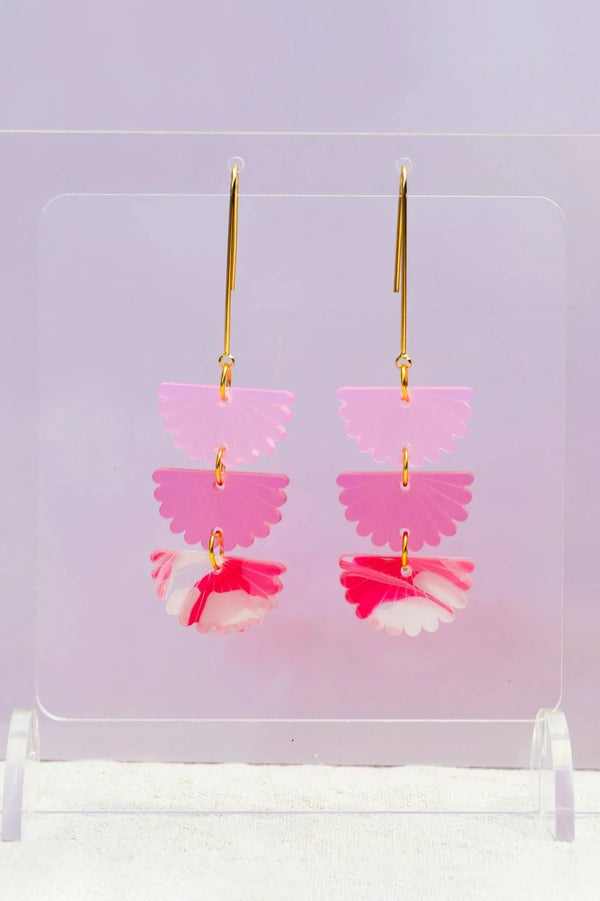 Pink acrylic dangle earrings with gold hooks, by Hagen + Co NZ