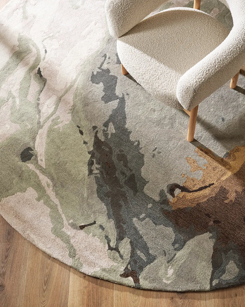 Baya round floor rug 'Uluru' in multi colours, seen from above in situ
