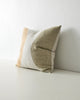 Weave Home Halcyon cushion featuring a nostalgic geometric in ochre and olive, seen on an angle