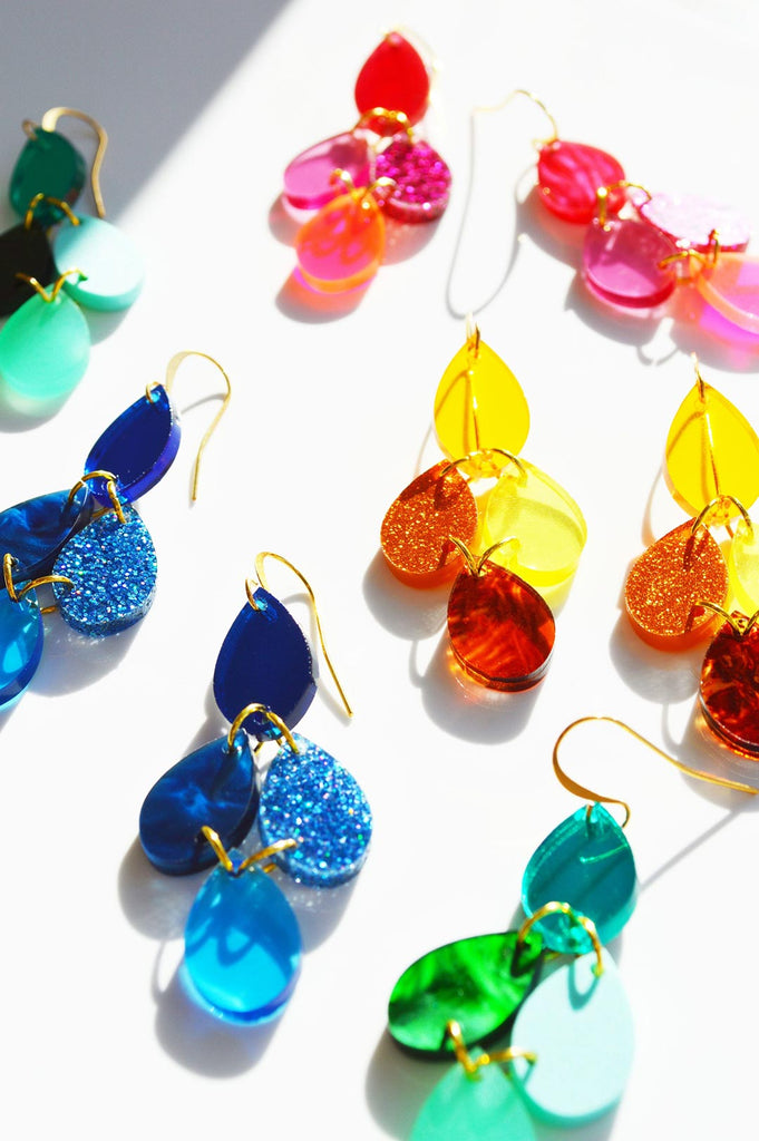 Four bright colourways in Hagen + Co dangle earrings
