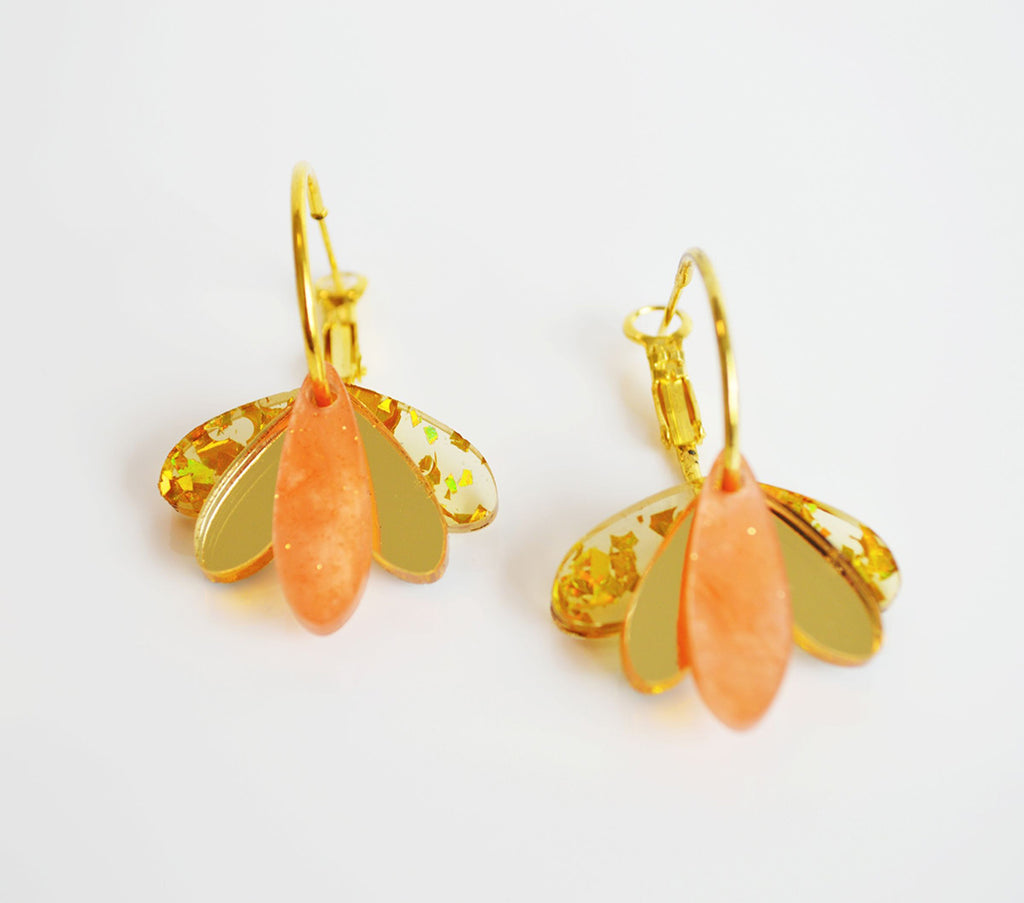 Cute everyday hoop earrings featuring gold and peach acrylic, by nz designer Hagen + Co