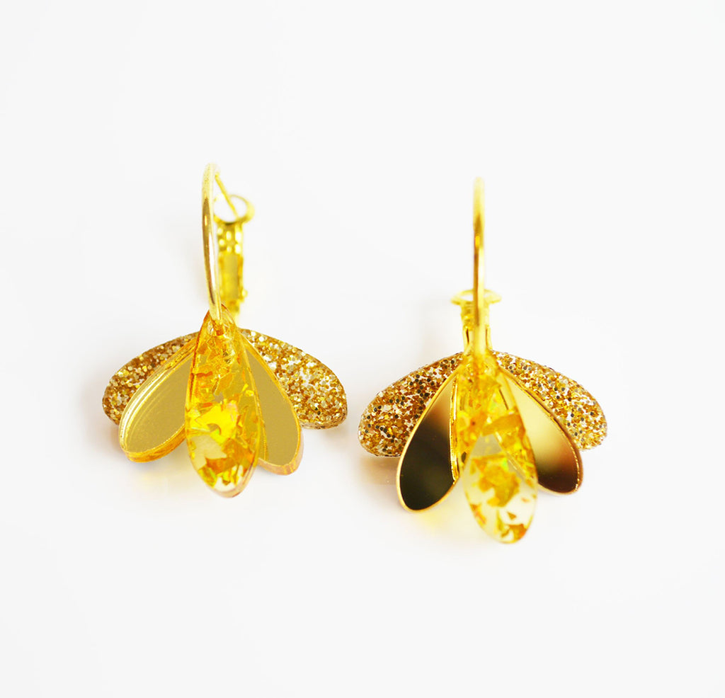 Pretty dangle earrings in mixed gold acrylics, by Hagen + Co