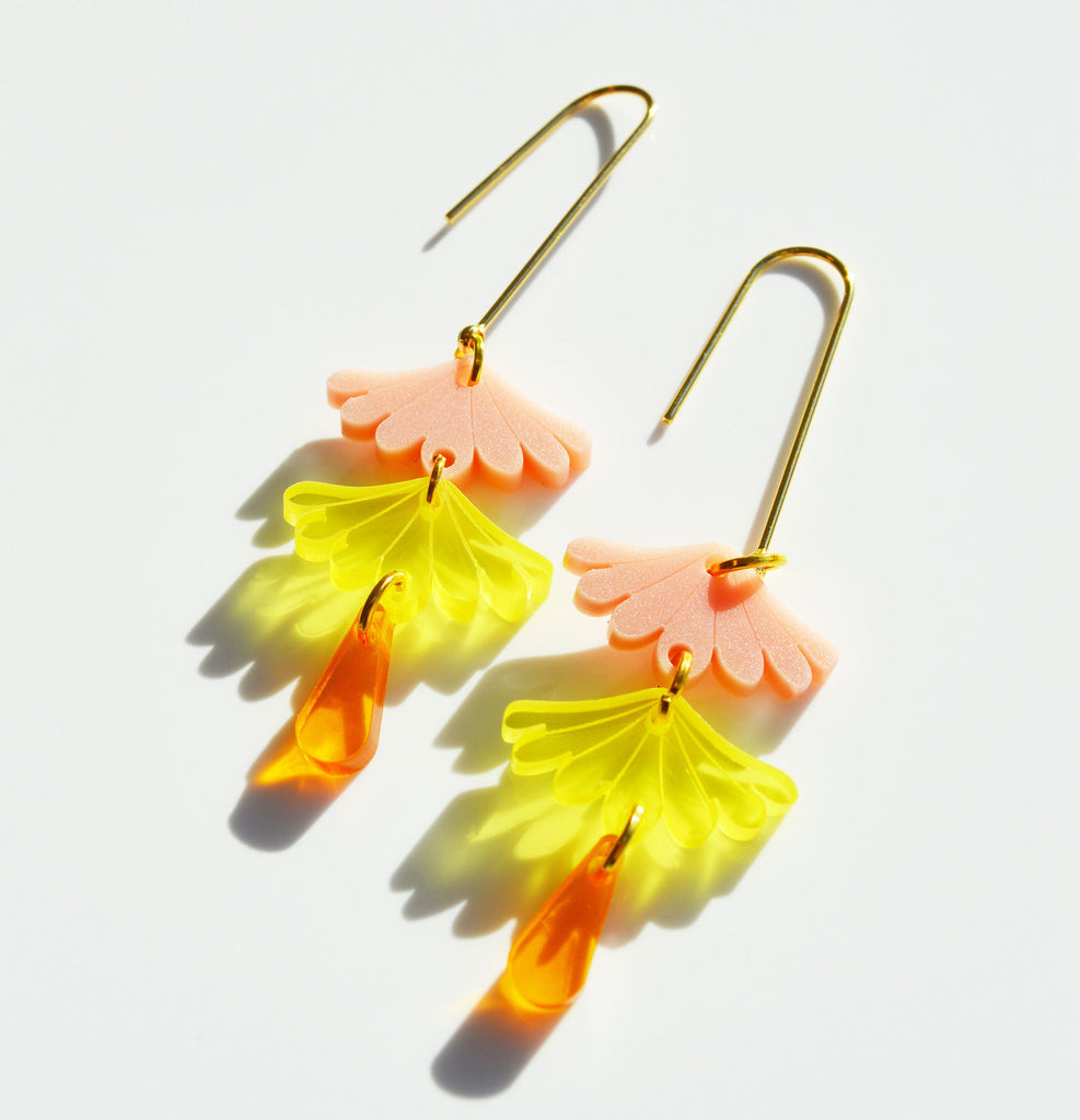 Sweet dangle earrings inspired by Japanese designs in shades of pink and yellow acrylic