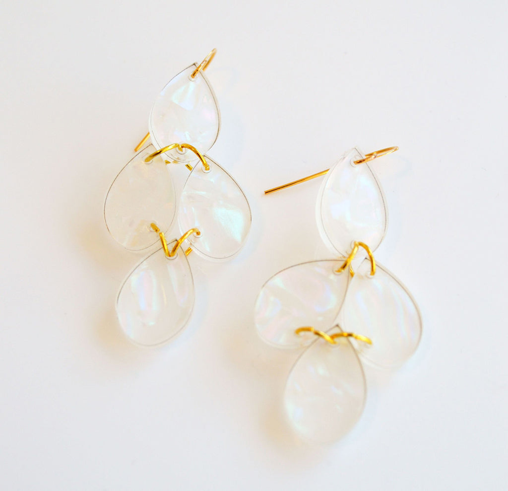 Clear pearlescent dangle earrings by Hagen + Co