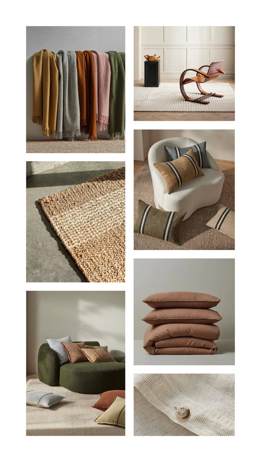 A six-panel collage showcasing home decor items, including a set of hanging throw blankets, a woven jute doormat, a cream lounge chair with striped pillows, a stack of brown linenp[illows and quilt, and a close-up of a round rug.
