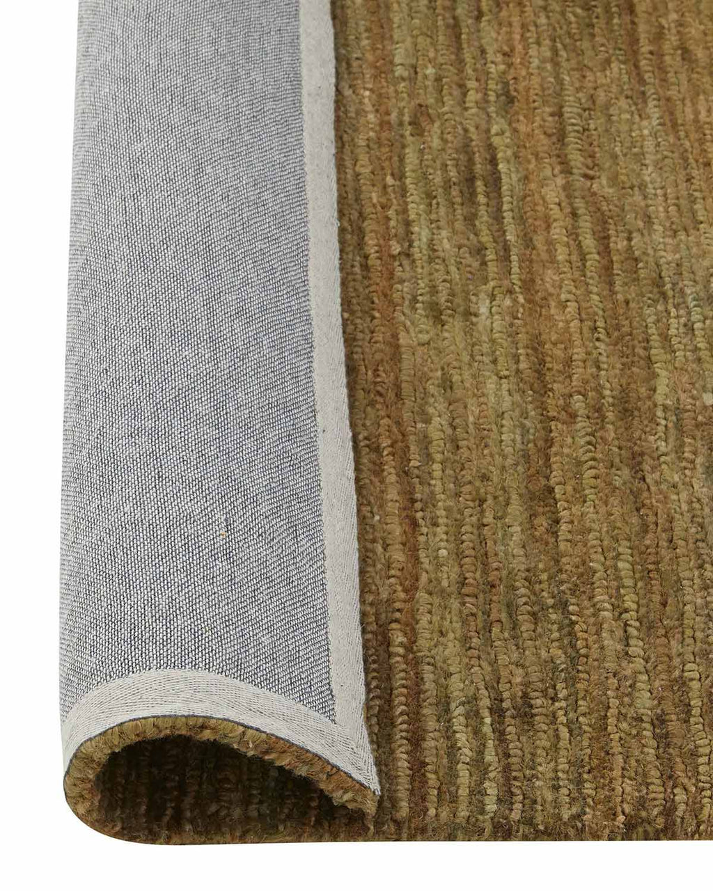 A corner image of a textural olive green 100% jute floor rug with the corner flipped up to show the durable cotton backing on the underside.  