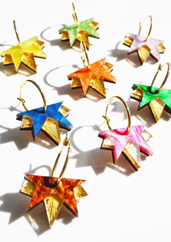 The full colour range in the Lucky Star acrylic earrings by Hagen + Co nz