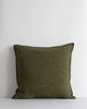 An on-trend textural linen cushion with a flange edge, in colour moss green 