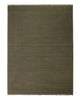 A full image of a 100% linen fibre, handwoven olive green floor rug with fringed edges. 