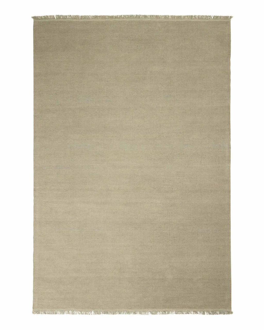 A full image of a textural hand woven taupe linen rug with fringed edges. 