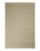 A full image of a textural hand woven taupe linen rug with fringed edges. 