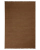 A full image of a warm coffee brown floor rug made of 100% linen with fringe edging. 
