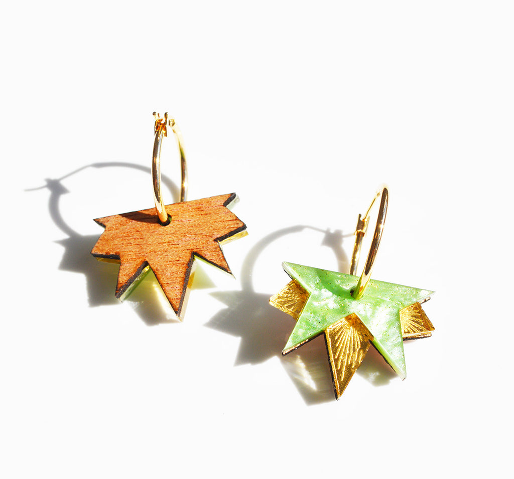 Close up of the Lucky Star acrylic earrings in mint green and gold, by Hagen and Co, showing back of one earring