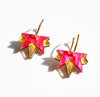 Close up of the Lucky Star acrylic earrings in pink and gold, by Hagen and Co