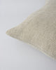 Close up of the Basya Sandridge cushion in linen with a fine khaki pinstripe