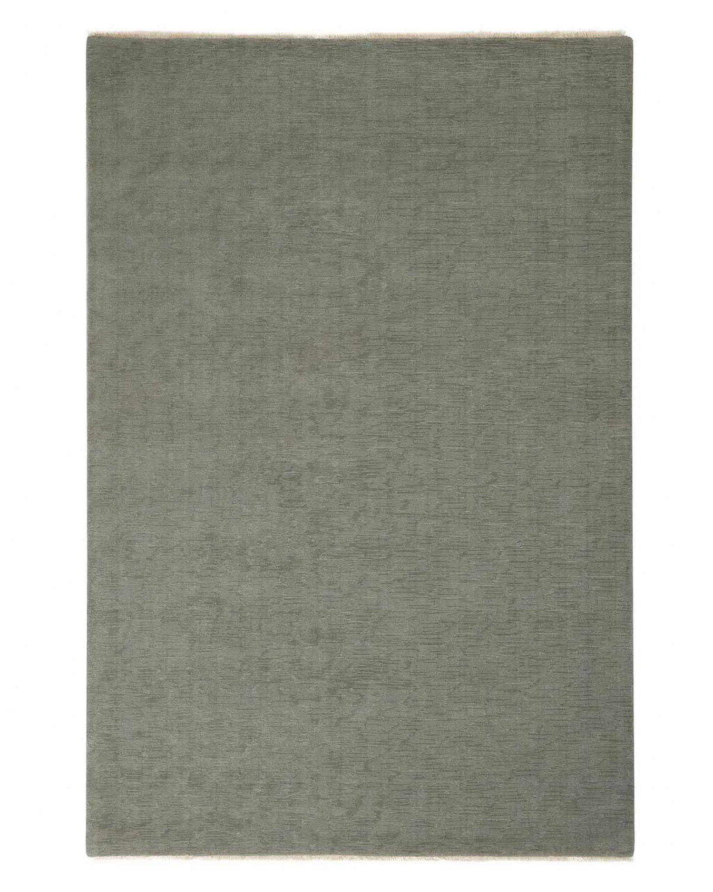 A full image of a 100% wool rug in a muted sage green with linear texturing and cream toned fringed edges. 