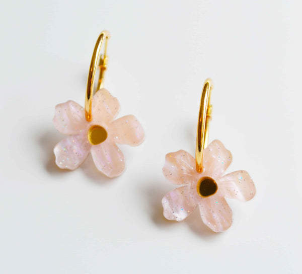Blush pink wildflower acrylic hoop earrings by NZ designer Hagen + Co